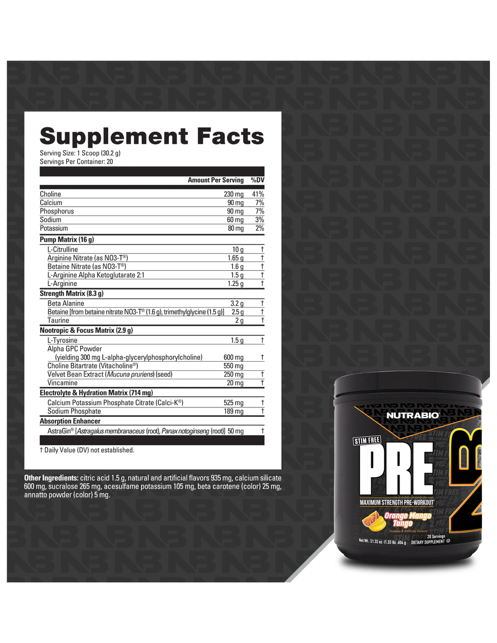 NutraBio Stim-Free Pre-Workout Orange Mango Tango 20 Servings