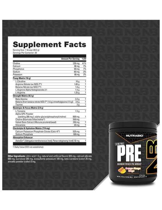 NutraBio Stim-Free Pre-Workout Orange Mango Tango 20 Servings