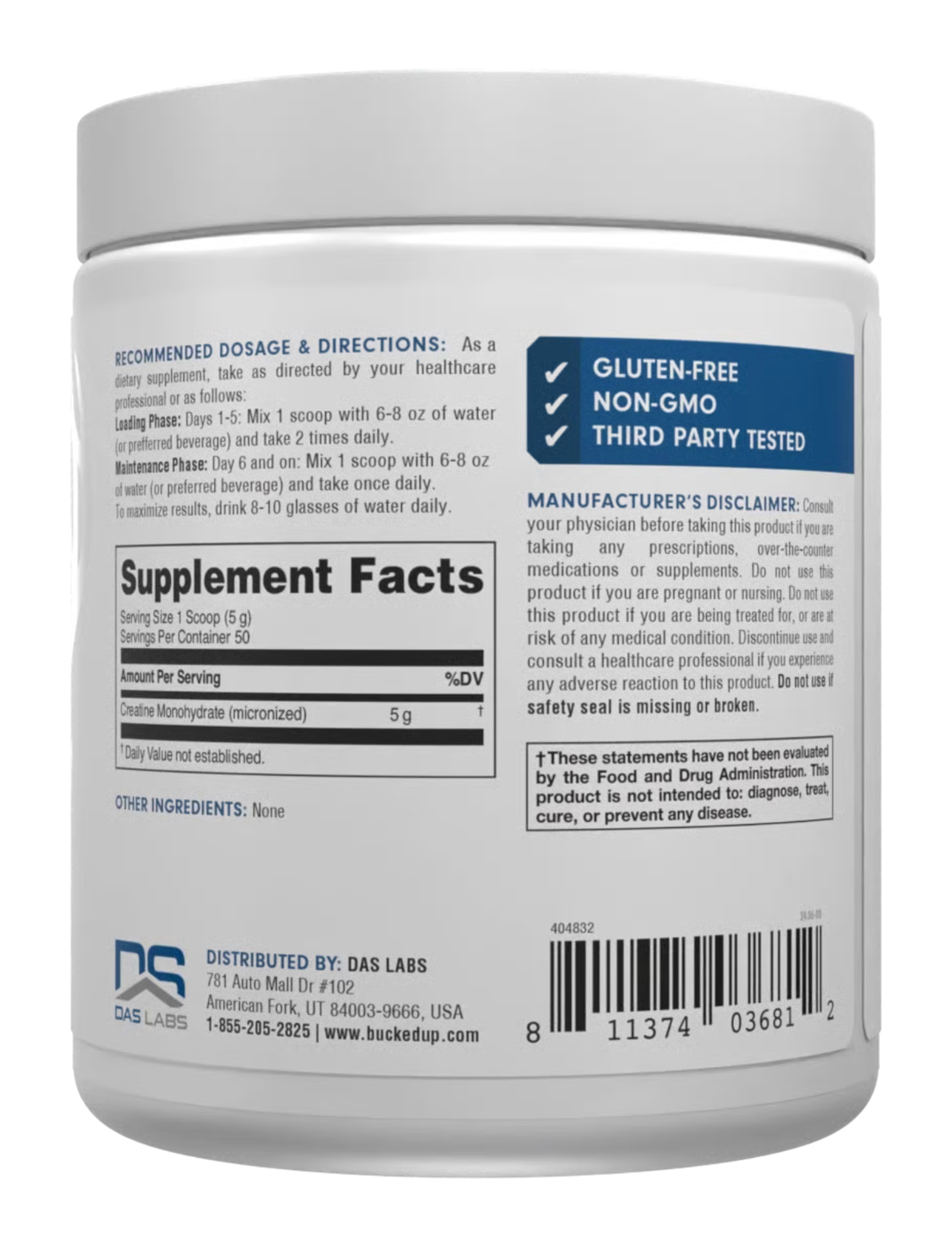 Bucked Up CREATINE MONOHYDRATE Unflavored 50 Servings