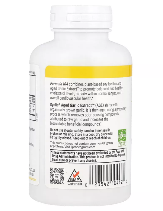 Kyolic Aged Garlic Extract, Cholesterol Health Formula 104, 200 Capsules