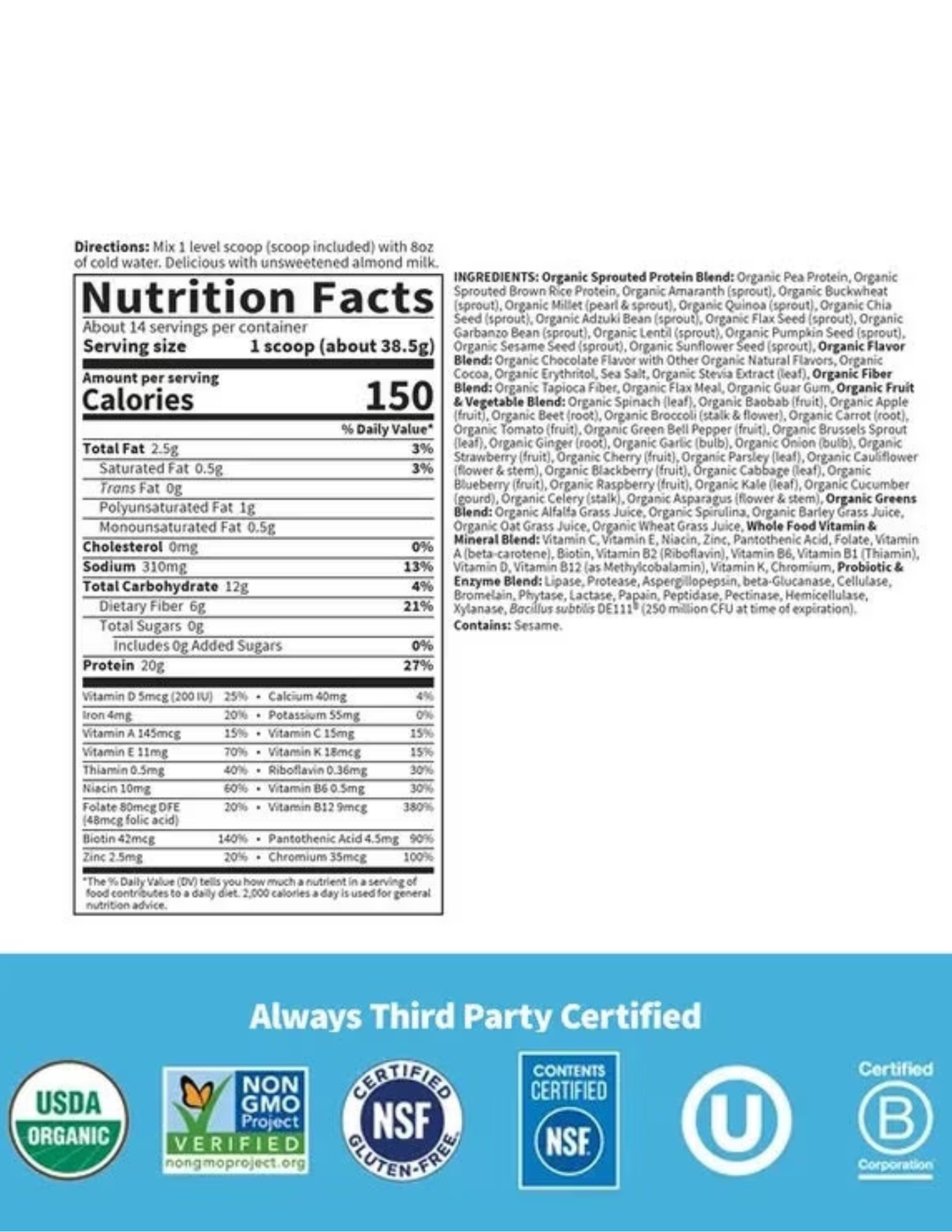 Raw Organic Meal Replacement Protein Powder - Chocolate 38.03oz