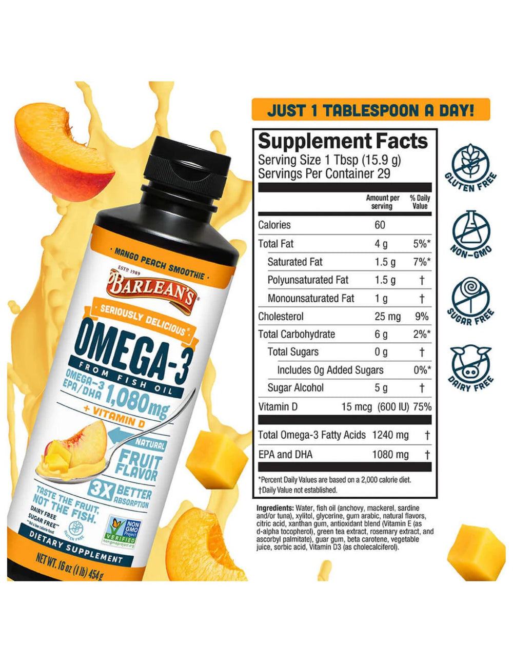 Barleans Mango Peach Smoothie Fish Oil 16oz